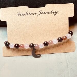 Garnet/Rose Quartz/Strawberry Quartz Stretchy Crystal Bracelet Moon Charm